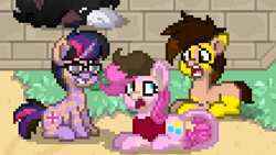 Size: 435x245 | Tagged: safe, artist:anonymous, pinkie pie, twilight sparkle, oc, earth pony, human, pony, unicorn, pony town, g4, /ptfg/, clothes, dusk shine, earth pony oc, female, glasses, heterochromia, horn, human to pony, lying down, male, mid-transformation, open mouth, rule 63, shirt, shocked, shocked expression, sitting, transformation, trio focus, unicorn twilight