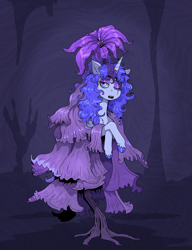 Size: 1748x2273 | Tagged: safe, artist:paskanaakka, derpibooru exclusive, oc, oc only, oc:midnight dew, unicorn, colored hooves, elden ring, female, flower, flower pony, hooves, horn, lidded eyes, mare, saint trina, solo, unshorn fetlocks