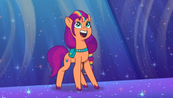 Size: 1920x1080 | Tagged: safe, screencap, sunny starscout, earth pony, pony, g5, hall-o-marers, my little pony: tell your tale, spoiler:g5, spoiler:my little pony: tell your tale, spoiler:tyts02e16, concave belly, cute, female, fit, hnnng, mane stripe sunny, mare, open mouth, open smile, slender, smiling, solo, standing, starry eyes, sunny's bag, sunnybetes, thin, weapons-grade cute, wingding eyes