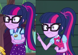 Size: 722x510 | Tagged: safe, screencap, sci-twi, sunset shimmer, twilight sparkle, human, equestria girls, equestria girls specials, g4, my little pony equestria girls: legend of everfree, my little pony equestria girls: movie magic, cropped, duo, duo female, face, female, frown, glasses, offscreen character, recycled animation, side by side, solo focus