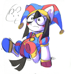 Size: 978x1025 | Tagged: safe, artist:starflashing twinkle, earth pony, pony, crossover, female, hat, jester, jester hat, jester outfit, mare, pomni, ponified, ponmi, question mark, simple background, solo, the amazing digital circus, white background