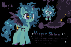 Size: 2048x1365 | Tagged: safe, artist:squilko, part of a set, oc, oc only, oc:vesper shine, alicorn, pony, g4, alicorn oc, black background, blue coat, blue mane, blue tail, colored hooves, colored horn, colored pinnae, colored pupils, colored wings, curly mane, curly tail, dark magic, ear fluff, egg (food), ethereal mane, fetlock tuft, food, hooves, horn, lineless, magic, multicolored horn, open mouth, open smile, purple eyes, purple hooves, purple pupils, purple text, reference sheet, shiny hooves, simple background, smiling, solo, spread wings, standing, starry mane, starry tail, tail, teal mane, teal tail, text, three toned horn, unshorn fetlocks, wingding eyes, wings