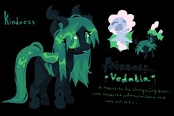 Size: 2048x1365 | Tagged: safe, artist:squilko, part of a set, oc, oc only, oc:vedalia, changeling, changeling queen, g4, antagonist, black background, black body, carapace, changeling oc, changeling queen oc, colored pupils, colored sclera, colored teeth, ethereal mane, eyelashes, frown, green changeling, green eyes, green mane, green pupils, green sclera, green tail, green teeth, green text, horns, lineless, long mane, long tail, looking back, shiny mane, shiny tail, simple background, solo, standing, starry mane, starry tail, straight mane, straight tail, tail, text