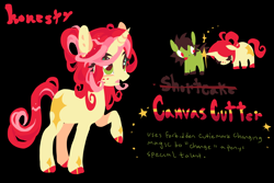 Size: 2048x1365 | Tagged: safe, artist:squilko, part of a set, oc, oc only, oc:canvas cutter, pony, unicorn, g4, antagonist, bags under eyes, black background, cream coat, curly mane, eyelashes, freckles, frown, green eyes, green text, horn, leg markings, lineless, open frown, open mouth, red mane, red tail, reference sheet, simple background, solo, standing on three hooves, tail, text, tied mane, two toned mane, unicorn horn, unicorn oc