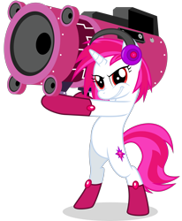 Size: 3000x3643 | Tagged: safe, artist:keronianniroro, oc, oc only, oc:dazzler, pony, unicorn, bass cannon, belly, bipedal, cannon ponies, clothes, horn, red eyes, simple background, solo, stockings, thigh highs, transparent background, vector