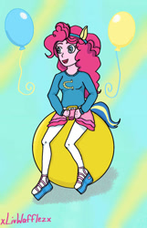 Size: 828x1287 | Tagged: safe, artist:xlivwafflezx, pinkie pie, equestria girls, g4, ball, balloon, clothes, female, happy, inflatable, opaque inflatable, open mouth, open smile, pony ears, riding, skirt, smiling, solo, space hopper, sweater, yellow inflatable