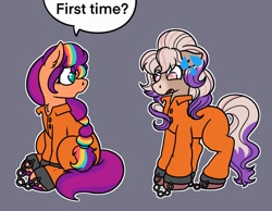 Size: 1348x1048 | Tagged: safe, artist:alleymutt, sunny starscout, earth pony, horse, pony, g5, bailey (wild manes), clothes, commissioner:rainbowdash69, cuffs, duo, duo female, female, jumpsuit, mane stripe sunny, mare, neck fluff, never doubt rainbowdash69's involvement, prison jumpsuit, prison outfit, prisoner, prisoner ss, shackles, speech bubble, sweat, sweatdrop, text, wild manes