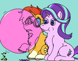 Size: 2632x2067 | Tagged: safe, artist:puffydearlysmith, starlight glimmer, sunburst, pony, unicorn, g4, blowing bubblegum, bubblegum, chest fluff, chubby, duo, duo male and female, facial hair, fat, female, food, goatee, gritted teeth, gum, horn, male, mare, raised hoof, stallion, sunblob, teeth, unshorn fetlocks