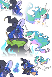 Size: 3000x4500 | Tagged: safe, artist:atardanto, princess celestia, princess luna, alicorn, ghost, ghost pony, g4, boo, broom, cauldron, cute, cutelestia, duo, duo female, female, flying, flying broomstick, hat, pot, potion, royal sisters, siblings, simple background, sisters, torn ear, white background, witch hat