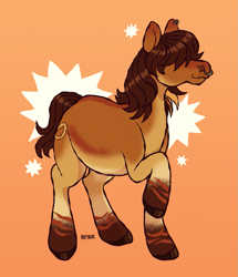 Size: 951x1104 | Tagged: safe, artist:beyhr, oc, oc only, oc:bill, earth pony, pony, artfight, bridge piercing, brown coat, brown hooves, brown mane, brown tail, coat markings, colored belly, colored hooves, cream belly, ear piercing, earring, gift art, gradient background, hair over eyes, hooves, jewelry, leg stripes, long mane, long tail, nose piercing, pale belly, piercing, plump, ponysona, profile, raised hoof, septum piercing, shiny hooves, shiny mane, shiny tail, signature, smiling, socks (coat markings), solo, standing, standing on three hooves, stripes, tail