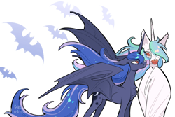 Size: 3000x2000 | Tagged: safe, artist:atardanto, princess celestia, princess luna, alicorn, bat, bat pony, bat pony alicorn, g4, :p, alternate eye color, apple, bat ponified, bat wings, behaving like a bat, chest fluff, concave belly, duo, duo female, ear fluff, ear tufts, fangs, female, floppy ears, food, horn, large wings, licking, lidded eyes, long mane, long tail, long tongue, lunabat, missing accessory, partially open wings, race swap, royal sisters, siblings, simple background, sisters, slender, slit pupils, smiling, smirk, species swap, spread wings, sternocleidomastoid, sunbat, tail, thin, tongue out, white background, windswept mane, wings