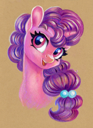 Size: 872x1200 | Tagged: safe, artist:maytee, sugar belle, pony, unicorn, g4, bust, colored pencil drawing, horn, portrait, smiling, solo, toned paper, traditional art