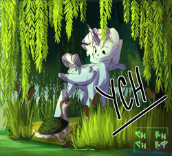 Size: 1451x1326 | Tagged: safe, artist:zaka, oc, oc only, alicorn, bird, duck, earth pony, pegasus, pony, unicorn, commission, forest, horn, nature, pony oc, solo, swamp, tree, willow, your character here