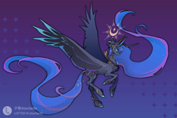 Size: 3300x2200 | Tagged: safe, artist:atardanto, princess luna, alicorn, pony, g4, alternate design, blue background, chest fluff, coat markings, colored hooves, concave belly, dithering, elbow fluff, ethereal mane, ethereal tail, floating crown, flying, full body, gradient background, halo, hock fluff, hooves, horn, impossibly long hair, jewelry, large wings, leg jewelry, long hair, long horn, long mane, long tail, looking at you, patterned background, purple background, simple background, slender, solo, sparkly mane, sparkly tail, spread wings, swirls, swirly markings, tail, tail jewelry, thin, very long hair, wings