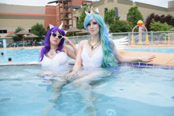 Size: 1200x800 | Tagged: safe, artist:dessi-desu, photographer:yenra, princess celestia, rarity, human, g4, 2015, clothes, colossalcon, colossalcon 2015, cosplay, costume, duo, duo female, female, irl, irl human, photo, sunglasses, swimming pool, water