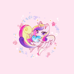 Size: 1000x1000 | Tagged: safe, artist:poyuewu, princess cadance, alicorn, pony, g4, chibi, crystal heart, female, flower, heart, mare, pink background, rose, simple background, solo, spread wings, wings