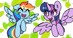 Size: 2445x1291 | Tagged: safe, artist:比格多格, rainbow dash, twilight sparkle, alicorn, pegasus, pony, g4, duo, duo female, eyes closed, female, leaf, leaves, mare, open mouth, simple background, smiling, spread wings, transparent background, twilight sparkle (alicorn), wings