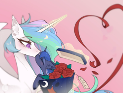 Size: 1600x1200 | Tagged: safe, artist:atardanto, princess celestia, princess luna, alicorn, g4, cute, duo, duo female, female, flower, gradient background, holiday, incest, kissing, lesbian, lunabetes, magic, present, rose, royal sisters, ship:princest, shipping, siblings, sisters, size difference, slender, sternocleidomastoid, telekinesis, thin, valentine's day