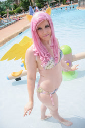 Size: 800x1200 | Tagged: safe, artist:koi-ishly, photographer:yenra, fluttershy, human, g4, 2015, bikini, clothes, colossalcon, colossalcon 2015, cosplay, costume, irl, irl human, looking at you, outdoors, photo, solo, standing, swimming pool, swimsuit, walking, water