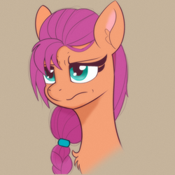 Size: 1500x1500 | Tagged: safe, artist:psfmer, sunny starscout, earth pony, pony, g5, annoyed, bust, chest fluff, female, mare, portrait, simple background, solo, sunny starscout is not amused, unamused