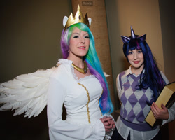 Size: 1200x960 | Tagged: safe, photographer:yenra, princess celestia, twilight sparkle, human, g4, 2011, artifact, book, clothes, cosplay, costume, duo, duo female, female, irl, irl human, otakon, otakon 2011, photo