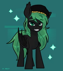 Size: 1764x1966 | Tagged: safe, artist:shelti, oc, oc only, oc:admiral valey, bat pony, pony, fanfic:the olden world, abstract background, bat pony oc, black mane, colored eyebrows, colored wings, commission, ear tufts, eyebrows, eyebrows visible through hair, fangs, folded wings, green eyes, green mane, green tail, hat, shiny mane, shiny tail, signature, slit pupils, smiling, solo, sparkles, standing, tail, two toned wings, wings