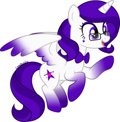 Size: 3428x3500 | Tagged: safe, artist:limedazzle, oc, oc only, oc:violet sparkle, alicorn, pony, alicorn oc, art trade, bowtie, coat markings, colored wings, colored wingtips, eyelashes, eyeshadow, facial markings, female, flying, glasses, gradient legs, gradient wings, heart, heart eyes, heart mark, horn, makeup, mare, mare oc, partially open wings, purple bow, purple eyes, purple eyeshadow, purple mane, purple tail, raised hoof, signature, simple background, socks (coat markings), solo, square glasses, tail, transparent background, two toned mane, two toned tail, two toned wings, wavy mane, wavy tail, white coat, wingding eyes, wings