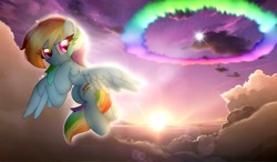 Size: 2048x1195 | Tagged: safe, artist:jadebreeze115, rainbow dash, pegasus, pony, g4, cloud, ear fluff, female, flying, frog (hoof), hock fluff, leg fluff, mare, solo, sonic rainboom, spread wings, sunset, underhoof, wings