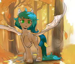 Size: 1410x1200 | Tagged: safe, artist:laymy, oc, oc only, oc:pearly lime, bat pony, pony, autumn, bat pony oc, leaves, path, solo, tree