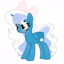 Size: 6890x6890 | Tagged: safe, artist:riofluttershy, oc, oc only, oc:fleurbelle, alicorn, pony, alicorn oc, blue coat, blushing, bow, eyelashes, female, folded wings, green eyes, hair accessory, hair bow, horn, long mane, long tail, mane accessory, mare, pink bow, simple background, smiling, solo, tail, two toned mane, two toned tail, wavy mane, wavy tail, white background, white mane, white tail, wings, yellow eyes