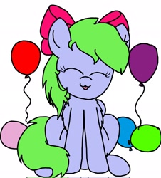 Size: 1848x2048 | Tagged: safe, artist:professorventurer, oc, oc only, oc:fancy confetti, pegasus, pony, :3, :p, balloon, blue coat, bow, chest fluff, colored, cute, eyelashes, eyes closed, female, flat colors, green mane, green tail, hair bow, mare, ocbetes, pegasus oc, pink bow, simple background, sitting, smiling, solo, tail, tongue out, white background