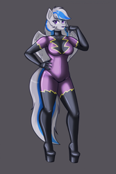 Size: 1567x2351 | Tagged: safe, artist:creatorworld, oc, oc only, oc:lady lightning strike, pegasus, anthro, bodysuit, boots, breasts, clothes, costume, eyelashes, female, female oc, gloves, gray background, gray coat, hand on hip, high heel boots, hips, latex, lips, lipstick, looking at you, pegasus oc, pegasus wings, purple eyes, purple lipstick, shadowbolts costume, shoes, simple background, skintight clothes, solo, tail, thighs, two toned hair, two toned tail, wings