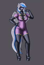 Size: 1567x2351 | Tagged: safe, alternate version, artist:creatorworld, oc, oc only, oc:lady lightning strike, pegasus, anthro, bodysuit, boots, breasts, clothes, costume, eyelashes, female, female oc, gloves, gray background, gray coat, hand on hip, high heel boots, hips, latex, latex mask, lips, lipstick, looking at you, pegasus oc, pegasus wings, purple eyes, purple lipstick, shadowbolts costume, shoes, simple background, skintight clothes, solo, tail, thighs, two toned hair, two toned tail, wings