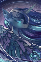 Size: 1650x2475 | Tagged: safe, artist:atardanto, princess luna, alicorn, pony, g4, beautiful, bilibili source, blue eyes, blue mane, bust, cute, digital art, ear fluff, ethereal mane, eyelashes, feather, female, flowing mane, glowing, gradient background, happy, horn, lidded eyes, looking at you, makeup, mare, night, portrait, signature, smiling, smiling at you, solo, sparkles, spread wings, starry mane, starry night, stars, teeth, wings