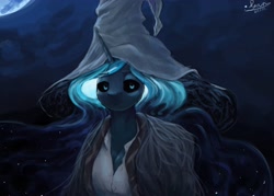 Size: 4096x2932 | Tagged: safe, artist:ryanmandraws, princess luna, alicorn, anthro, g4, black sclera, breasts, cleavage, clothes, digital painting, elden ring, ethereal mane, female, hat, moon, night, solo, witch hat