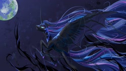 Size: 1920x1080 | Tagged: safe, artist:atardanto, nightmare moon, alicorn, pony, g4, blue eyes, blue mane, blue tail, bondage, chains, colored pupils, curved horn, digital art, earth, ethereal mane, ethereal tail, eyeshadow, fangs, feather, female, flowing mane, flowing tail, flying, helmet, hoof shoes, hook, horn, hybrid wings, imprisoned, lonely, long horn, looking up, makeup, mare, mare in the moon, moon, night, open mouth, princess shoes, sad, solo, space, sparkles, spread wings, starry mane, starry tail, stars, suspended, suspension bondage, tail, teeth, unshorn fetlocks, wings