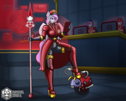 Size: 2000x1600 | Tagged: safe, artist:creatorworld, oc, oc:iron glamour, pegasus, robot, anthro, breasts, clothes, crossover, duster, eggman empire of equestria, eyelashes, female, female oc, furrowed brow, gloves, high heels, jacket, latex, necktie, pegasus oc, pink hair, pink tail, platform heels, shoes, socks, sonic the hedgehog, sonic the hedgehog (series), spear, stepping on something, tablet, tail, thigh highs, weapon, white coat