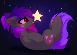 Size: 1206x865 | Tagged: safe, artist:empress-twilight, oc, oc only, oc:ella starshade, earth pony, pony, :p, cheek fluff, colored nose, commission, cute, ear fluff, eye clipping through hair, eyebrows, eyebrows visible through hair, facial markings, female, grass, gray coat, hock fluff, leg fluff, lidded eyes, long mane, long tail, looking at something, lying down, mare, on back, ponytail, profile, purple mane, purple tail, red eyes, shiny eyes, side view, solo, sparkles, stars, stripes, tail, tied mane, tongue out, ych result