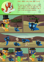 Size: 2134x2987 | Tagged: safe, artist:wheatley r.h., derpibooru exclusive, crackle cosette, queen chrysalis, oc, oc only, oc:myoozik the dragon, oc:w. rhinestone eyes, changeling, changeling larva, dragon, comic:the little pet shop of larvas, g4, baby, baby dragon, blue changeling, changeling oc, clothes, comic, disguised changeling, dodgeball, dragon oc, female, food, glasses, happy, hat, honey, male, mare, non-pony oc, onomatopoeia, raised hoof, rock, shirt, top hat, unamused, vector, watermark