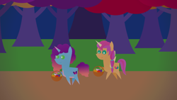 Size: 1920x1080 | Tagged: safe, artist:carrotorangelight, misty brightdawn, sunny starscout, alicorn, earth pony, pony, unicorn, g5, basket, bridlewood, duo, duo female, female, forest, fruit, horn, mare, nature, pointy ponies, race swap, rebirth misty, smiling, sunnycorn, tree, walking