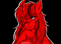 Size: 1923x1400 | Tagged: oc name needed, safe, artist:revenge.cats, derpibooru exclusive, oc, oc only, pony, unicorn, bandage, bandaged eye, black background, eye clipping through hair, glowing, glowing eyes, hoof under chin, horn, limited palette, long mane, one eyed, outline, simple background, solo, tongue out, unicorn oc, watermark, white eyes