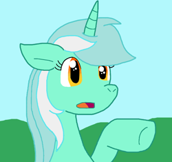 Size: 832x783 | Tagged: safe, artist:cmara, lyra heartstrings, pony, unicorn, g4, female, hooves, horn, open mouth, pointing, solo