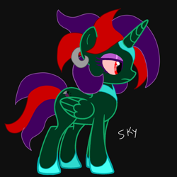 Size: 1700x1700 | Tagged: safe, artist:skycandy, oc, oc only, oc:skycandy, alicorn, pony, black background, hoof shoes, jewelry, nightmarified, simple background, solo