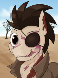 Size: 1266x1705 | Tagged: safe, artist:moonatik, oc, oc only, earth pony, ghoul, undead, body scar, brown eyes, brown mane, bust, clothes, commission, cream coat, day, dead tree, desert, earth pony oc, eyepatch, facial scar, jacket, leather, leather jacket, male, outdoors, portrait, raider, scar, shiny mane, smiling, solo, spiky mane, stallion, tree, wasteland