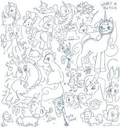 Size: 1931x2048 | Tagged: safe, artist:pink lemonade, discord, spike, draconequus, dragon, pony, unicorn, g4, horn, lineart, monochrome, multiple characters, quadrupedal spike, scepter, sketch, sketch dump, twilight scepter, wingless spike