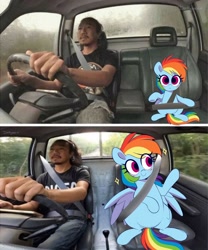 Size: 2500x3000 | Tagged: safe, artist:darkynez, rainbow dash, human, pegasus, pony, g4, 2 panel comic, car, comic, duo, duo male and female, exploitable meme, female, filly, filly rainbow dash, foal, irl, irl human, male, mare, meme, partially open wings, photo, seatbelt, sparkles, then and now, wings, younger