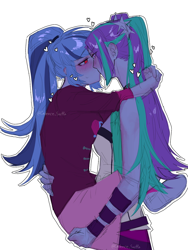 Size: 1536x2048 | Tagged: safe, artist:cadence_sniffa, aria blaze, sonata dusk, human, equestria girls, g4, blushing, duo, duo female, ear blush, eyebrows, eyebrows visible through hair, female, heart, holding, kissing, leg lock, lesbian, making out, outline, pigtails, ponytail, ship:arisona, shipping, signature, simple background, twintails, white background