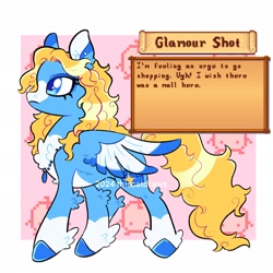 Size: 2048x2048 | Tagged: safe, artist:thiscatdraws, part of a set, pegasus, pony, blaze (coat marking), blonde mane, blonde tail, blue coat, blue eyes, blue eyeshadow, blue hooves, blue pupils, blue wingtips, brown text, chest fluff, coat markings, colored chest fluff, colored eartips, colored hooves, colored pinnae, colored pupils, colored wings, colored wingtips, curly mane, curly tail, ear fluff, eyelashes, eyeshadow, facial markings, female, fetlock tuft, frown, haley (stardew valley), hock fluff, hooves, jewelry, junimo (stardew valley), long mane, long tail, looking up, makeup, mare, necklace, partially open wings, ponified, profile, shiny mane, shiny tail, socks (coat markings), solo, standing, stardew valley, tail, text box, three toned ears, three toned wings, two toned wingtips, watermark, wavy mane, wavy tail, wing fluff, wings