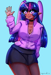 Size: 2550x3750 | Tagged: safe, artist:mylittleyuri, twilight sparkle, human, g4, breasts, busty twilight sparkle, cleavage, clothes, dark skin, eye clipping through hair, eyebrows, eyebrows visible through hair, high res, horn, horned humanization, humanized, light blue background, looking at you, pantyhose, signature, simple background, skirt, smiling, smiling at you, solo, waving, waving at you, winged humanization, wings