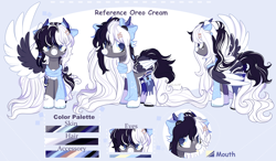 Size: 3696x2162 | Tagged: safe, artist:2pandita, oc, oc only, oc:oreo cream, pegasus, pony, blue eyes, blue pupils, bow, clothes, coat markings, color palette, colored hooves, colored pupils, colored wings, comic sans, facial markings, female, folded wings, freckles, hair bow, hairclip, hooves, horns, light blue background, mare, one wing out, pale belly, pegasus oc, reference sheet, scarf, shiny hooves, simple background, snip (coat marking), socks, socks (coat markings), solo, spread wings, stockings, thigh highs, two toned wings, wings
